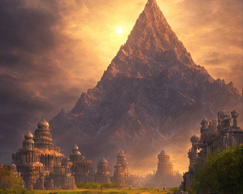 Mystical city at sunset with dramatic mountain backdrop