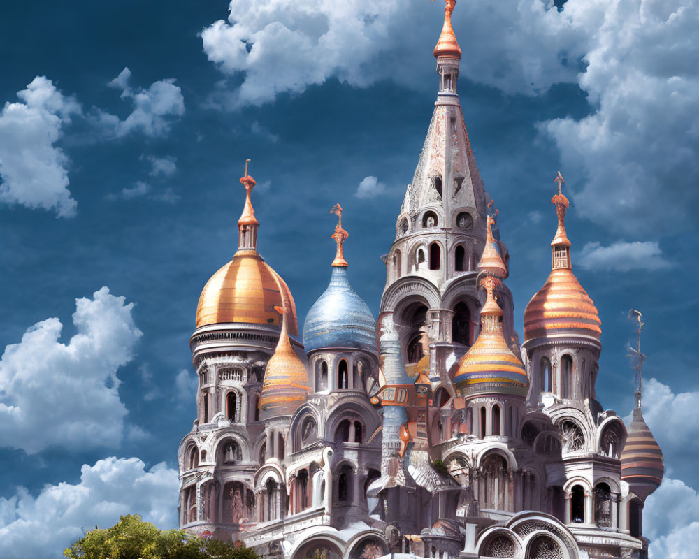 Multicolored Cathedral with Onion Domes under Blue Sky