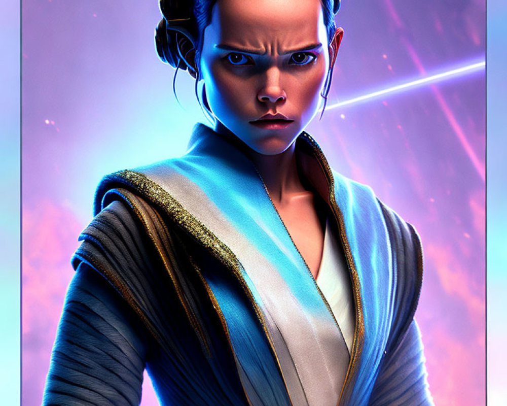 Woman with Elaborate Hair Buns Holding Blue Lightsaber in Vibrant Background
