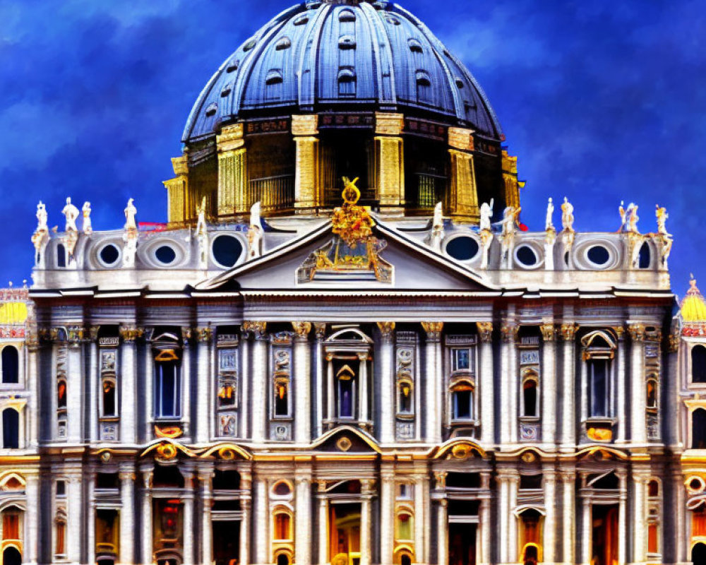 Vibrantly lit St. Peter's Basilica facade against dark blue sky with people.