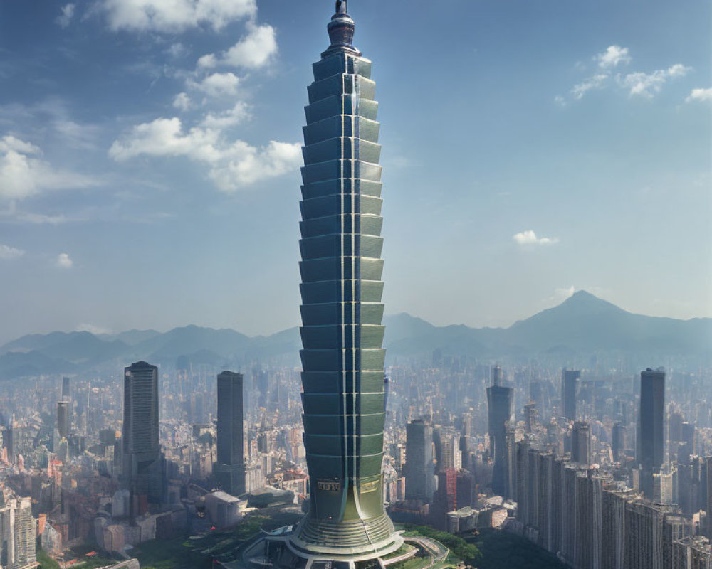 Pagoda-style Skyscraper in Urban Cityscape with Mountains