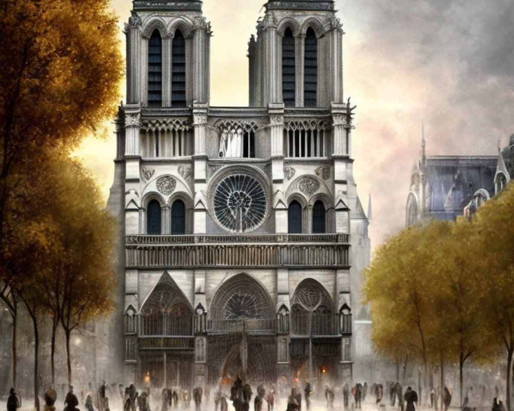 Crowd at Notre-Dame Cathedral with autumn trees and mystical ambiance