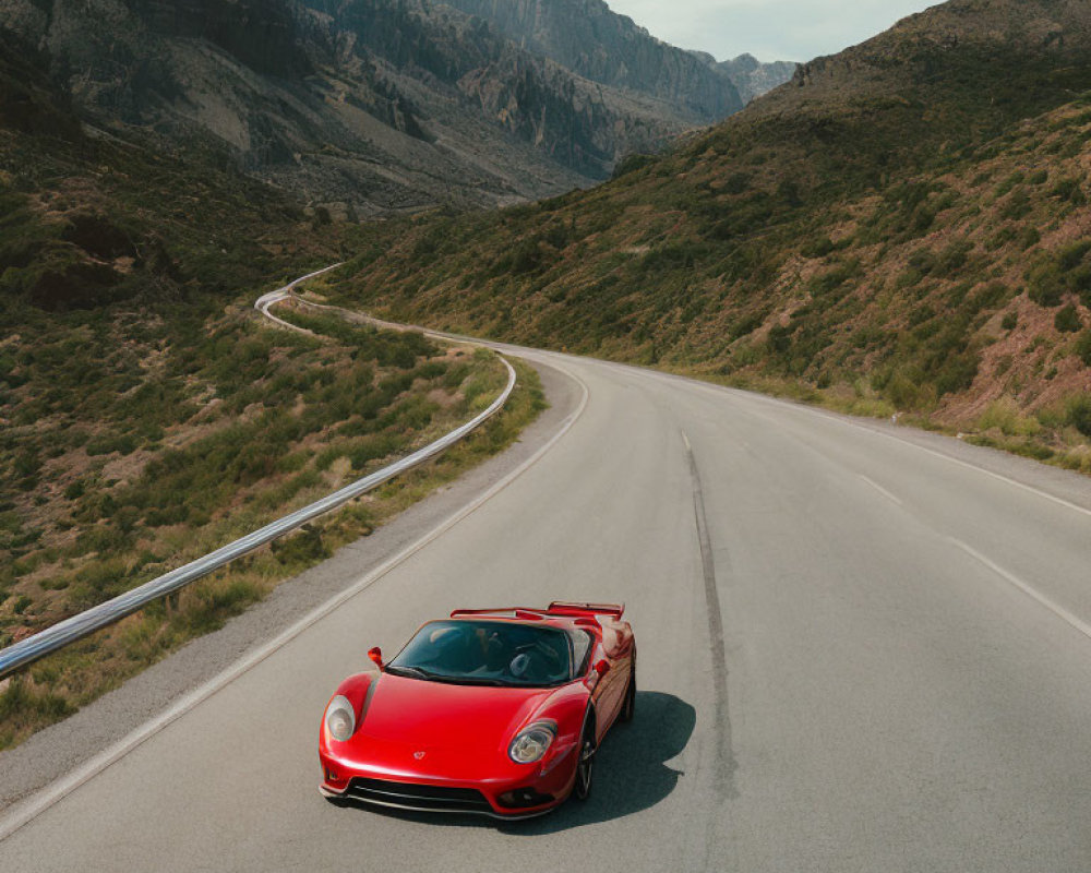 Red sports car parked on winding road with mountains and cloudy sky