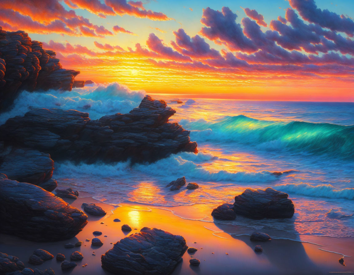 Sunrise over rocky beach