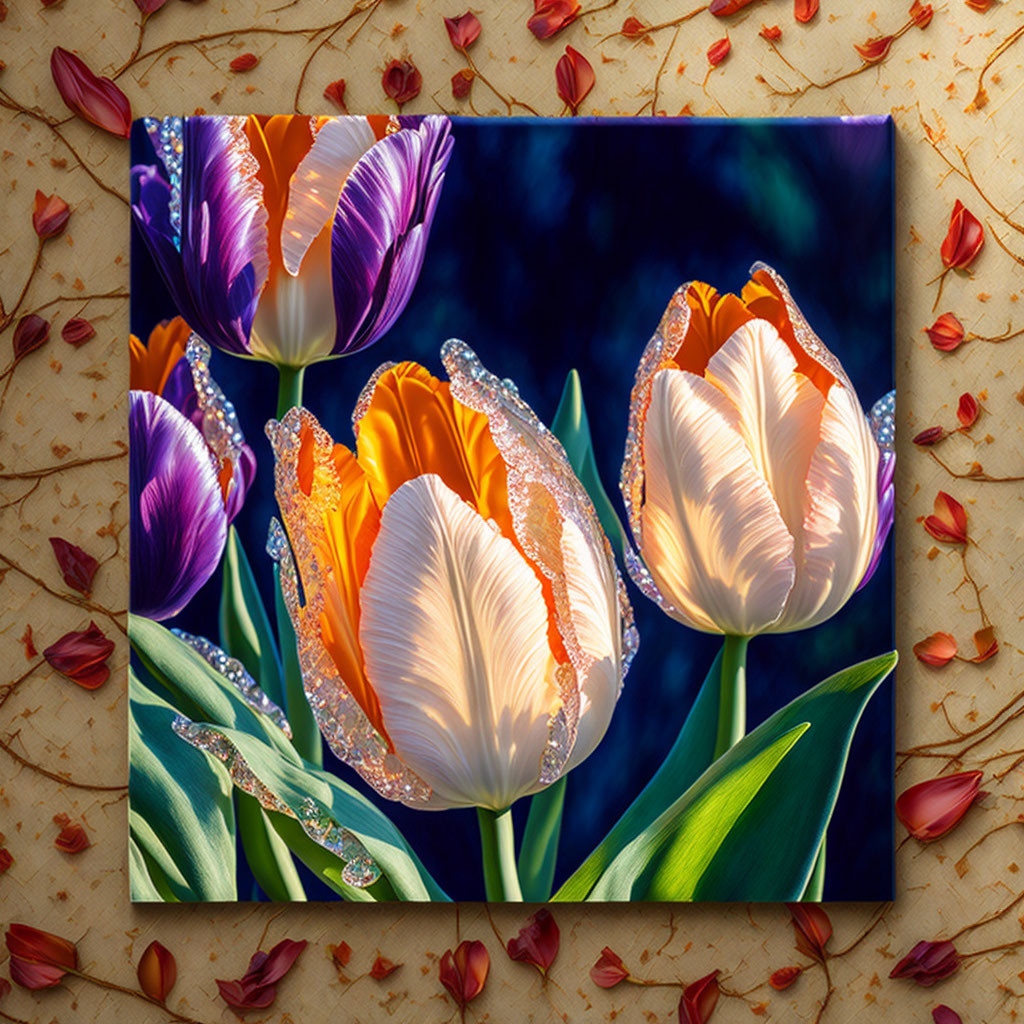 Colorful tulips with dewdrops on dark background and scattered petals.
