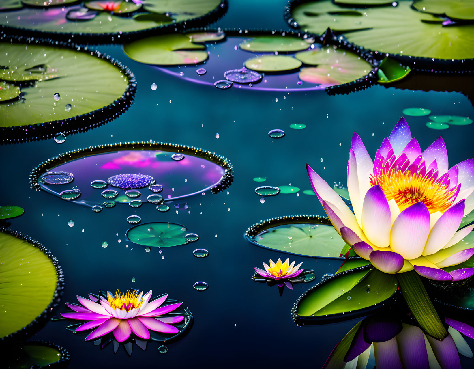 Rain coming down on water lilies on a pond