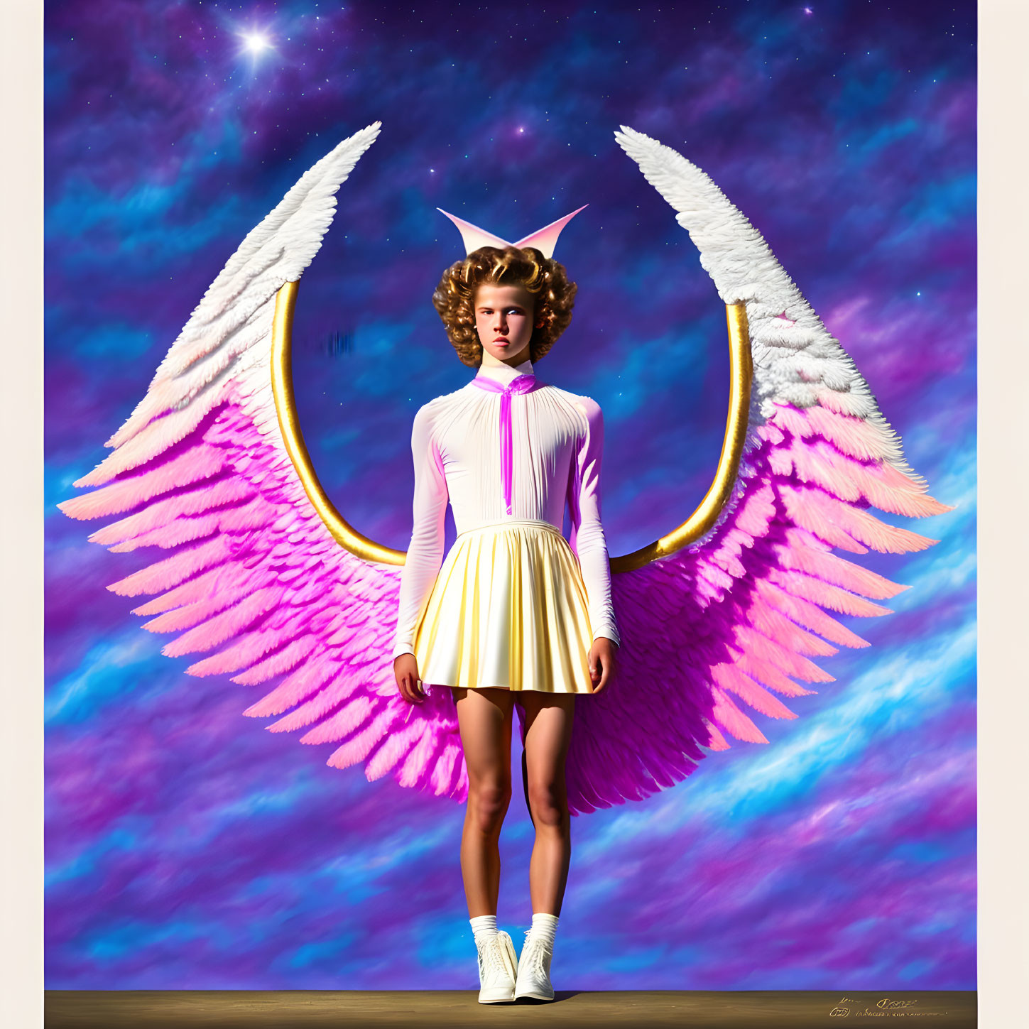 Surreal artwork of woman with pink-white angelic wings and Aries zodiac headpiece