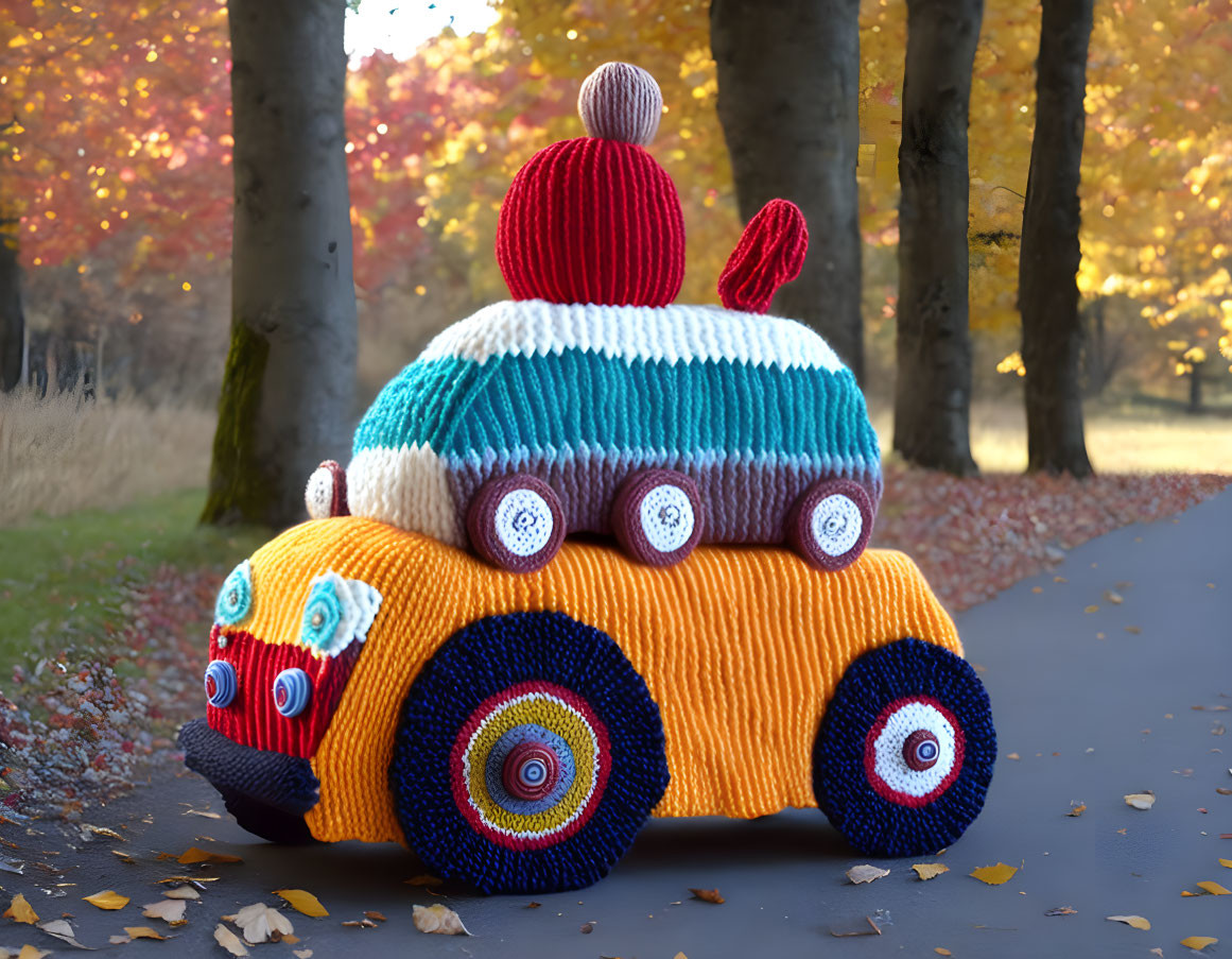 Colorful Knitted Car Sculpture with Red Pom-Pom in Outdoor Autumn Setting