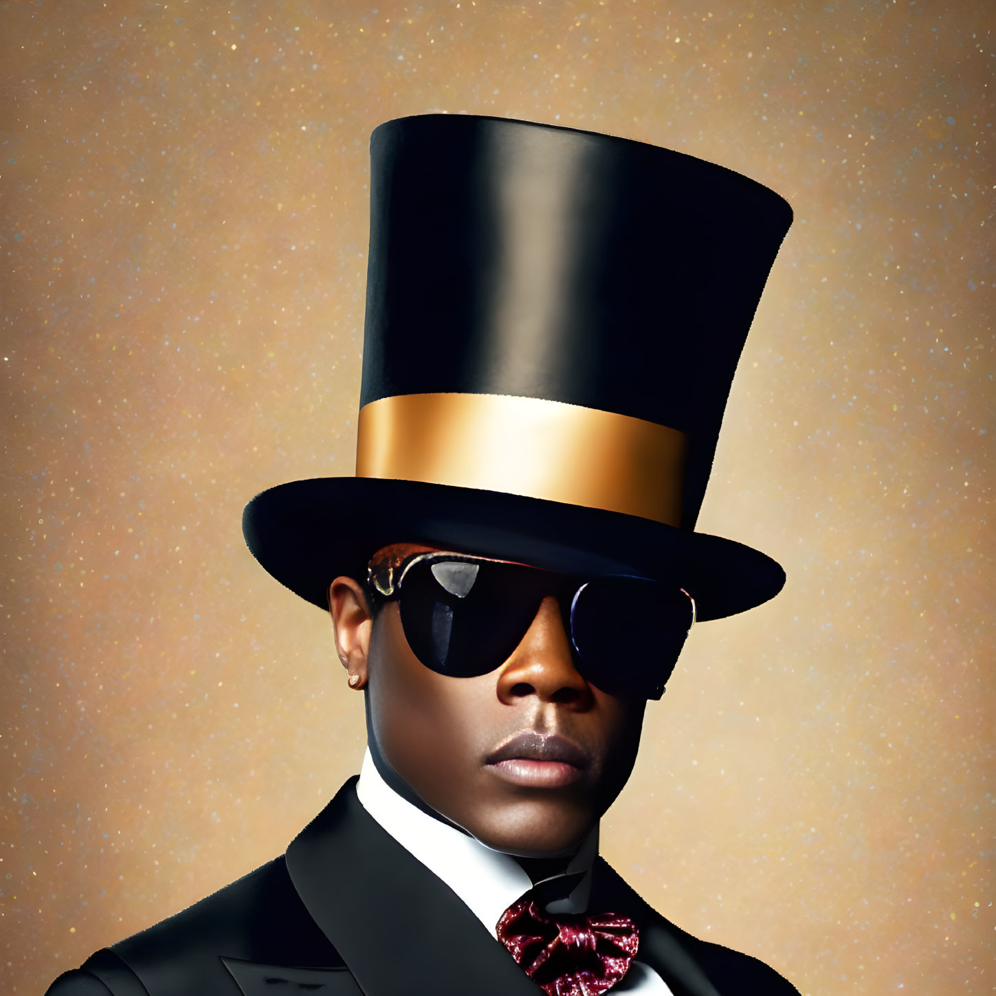 Person in Black Top Hat, Sunglasses, Suit, and Bow Tie on Tan Background