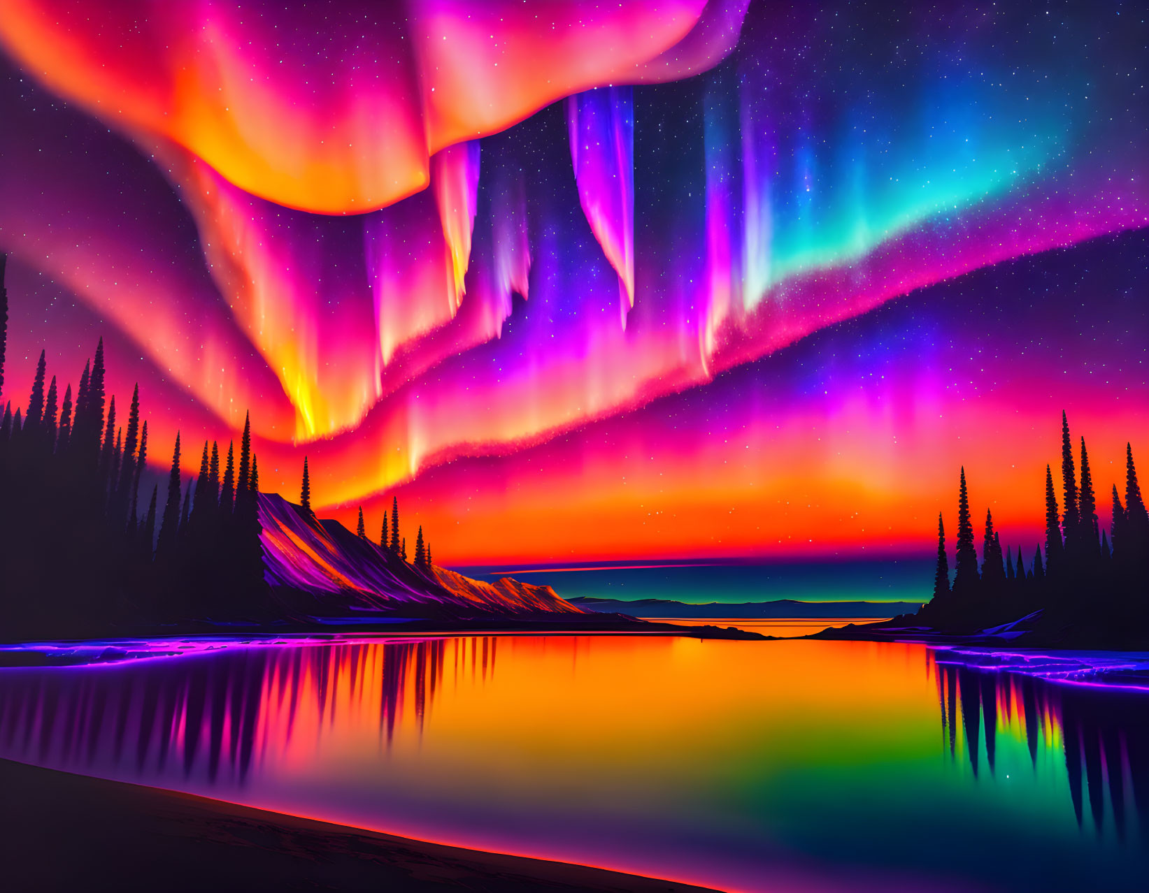 Stunning aurora borealis over a sunset
