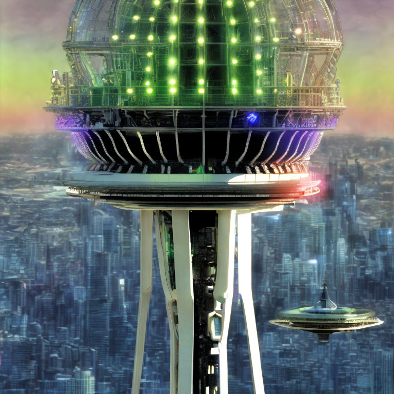Futuristic cityscape with glowing dome and flying vehicles at dusk