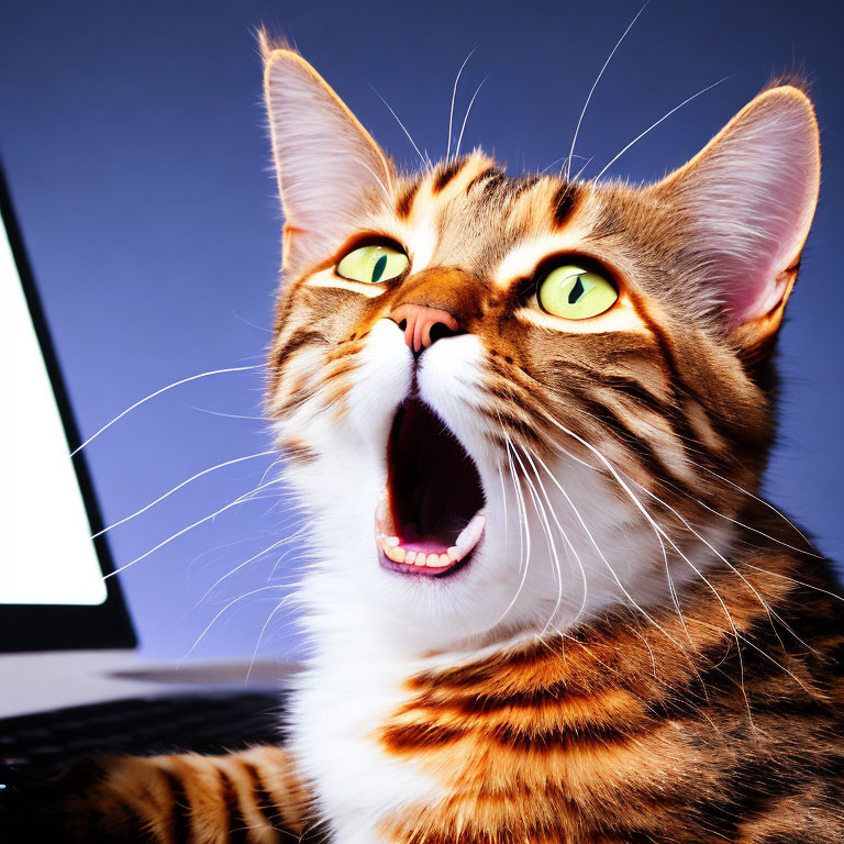 Tabby cat with mouth open in front of laptop on blue background