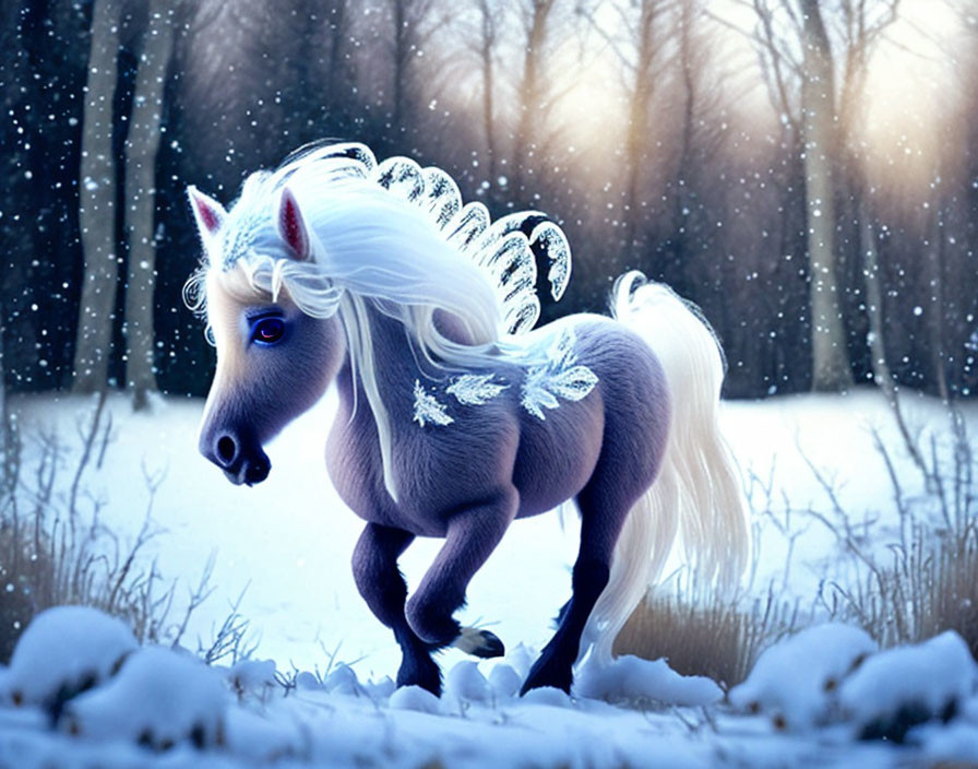 Majestic gray unicorn with white mane and icy blue feathers in snowy twilight forest