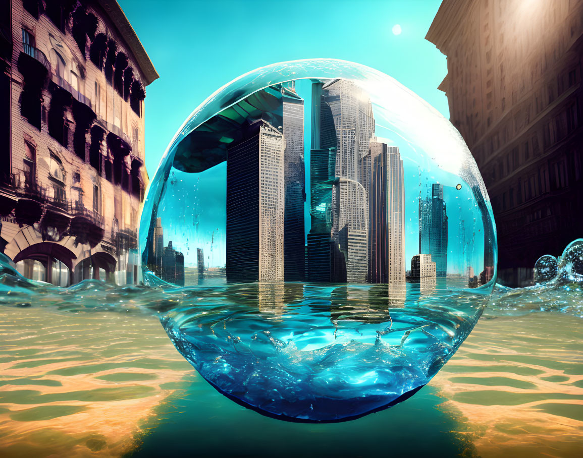 Cityscape in bubble on water amidst European street blending urban and fantasy.