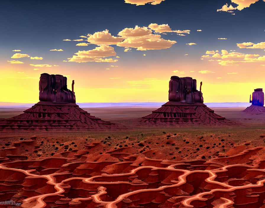 Scenic desert sunset with unique rock formations and eroded terrain.