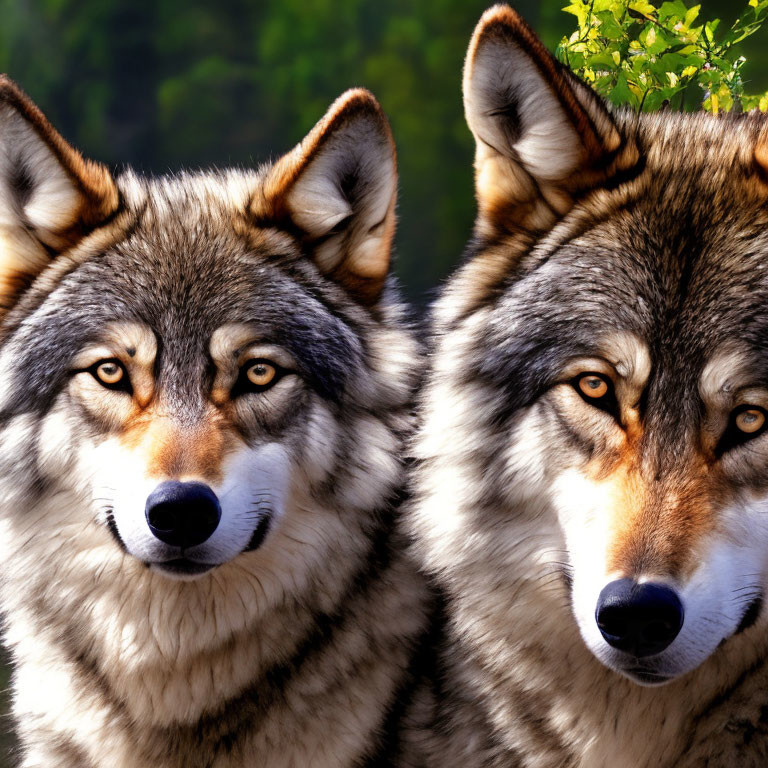 Two wolves with thick fur and intense eyes in lush greenery.
