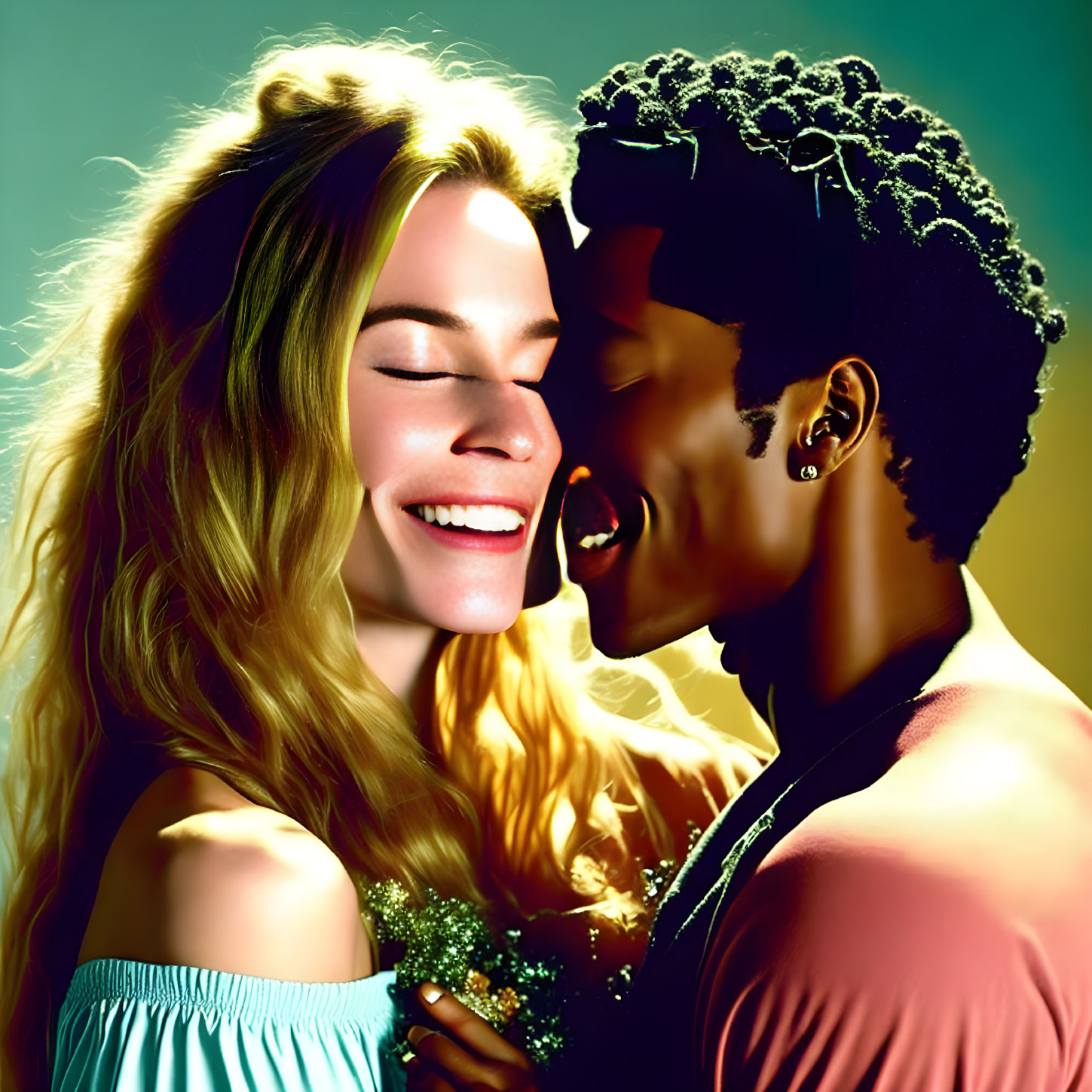 Man and woman smiling closely with foreheads touching in warm light