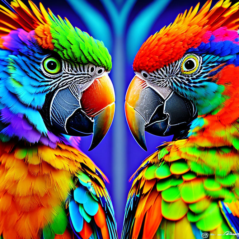 Colorful parrots on vibrant blue background