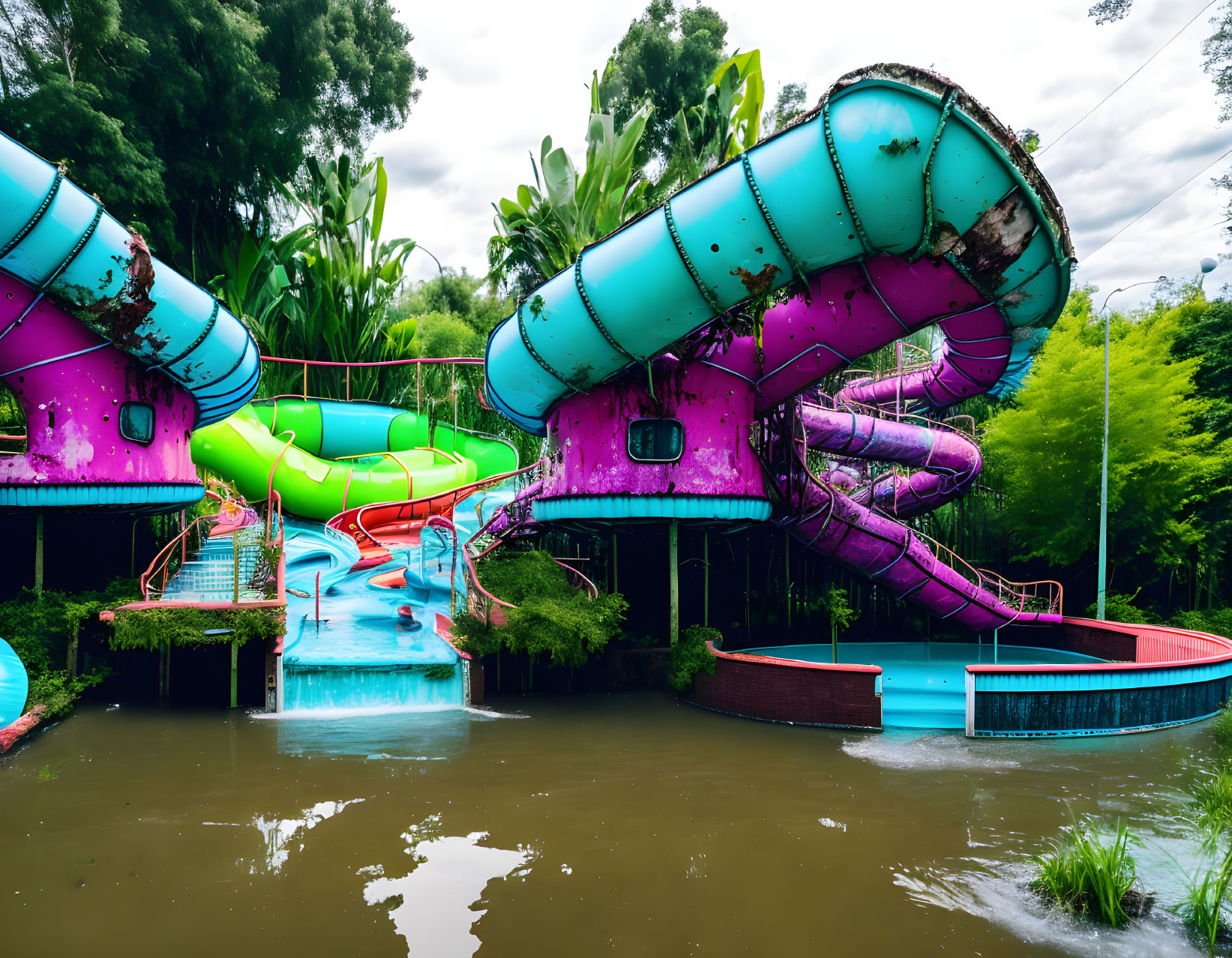 Abandoned water slides reclaimed by nature in murky surroundings