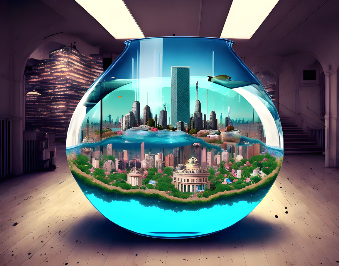 Surreal large fishbowl with urban cityscape in room