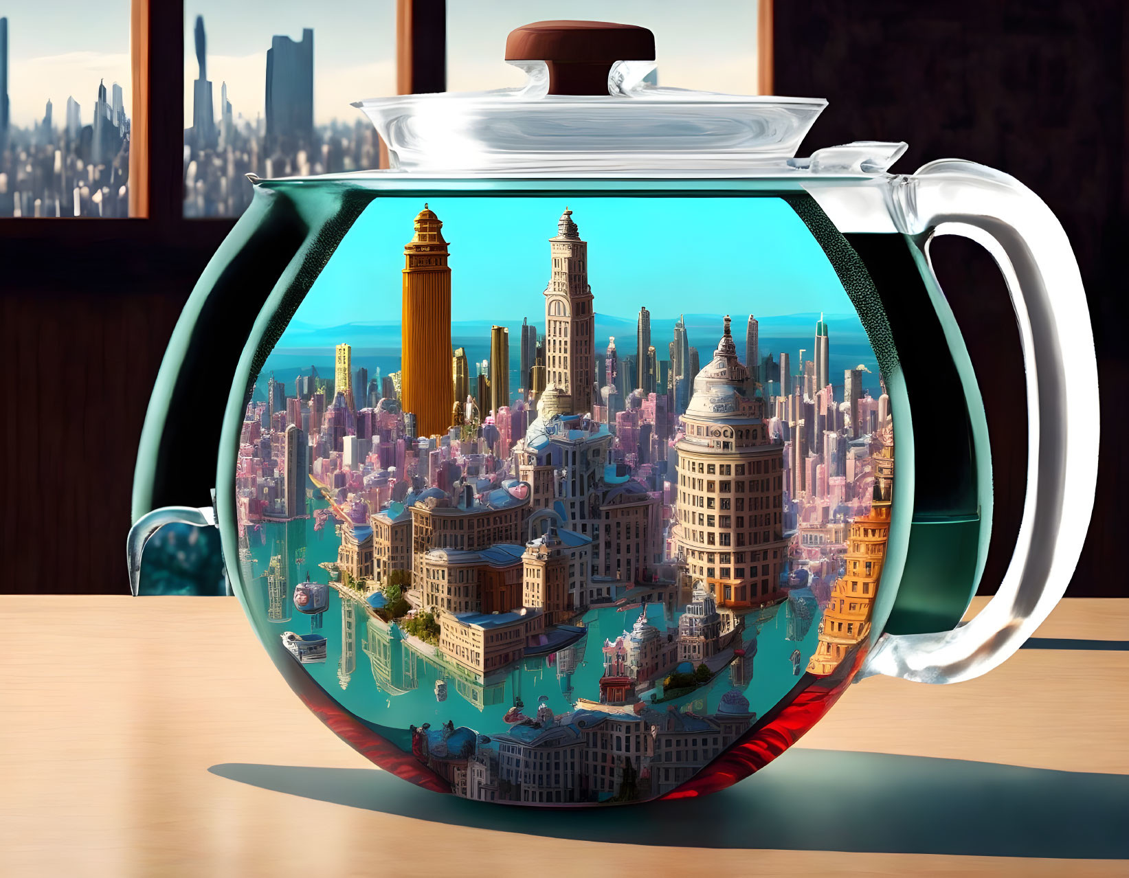 Transparent Glass Teapot with Miniature Cityscape in Tea