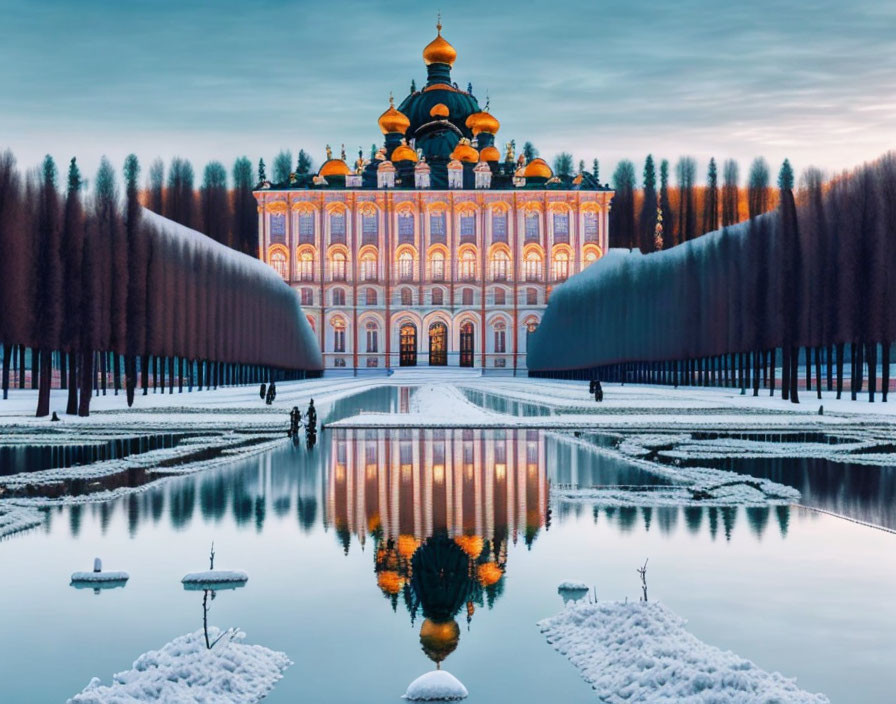 Golden-domed palace surrounded by leafless trees, reflected in water at dusk