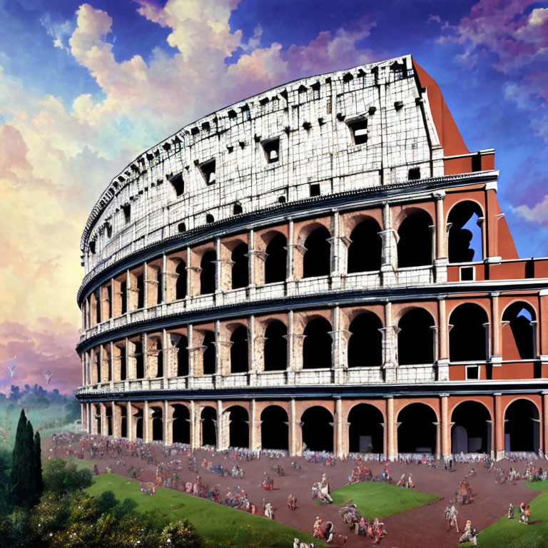 Digital illustration of intact Colosseum in ancient Rome with crowds.
