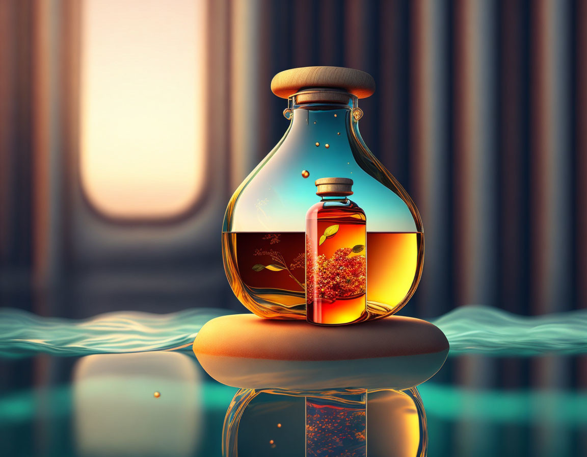 Digital rendering of flask-shaped bottle with smaller bottle inside, both holding amber liquid in tranquil waters against striped