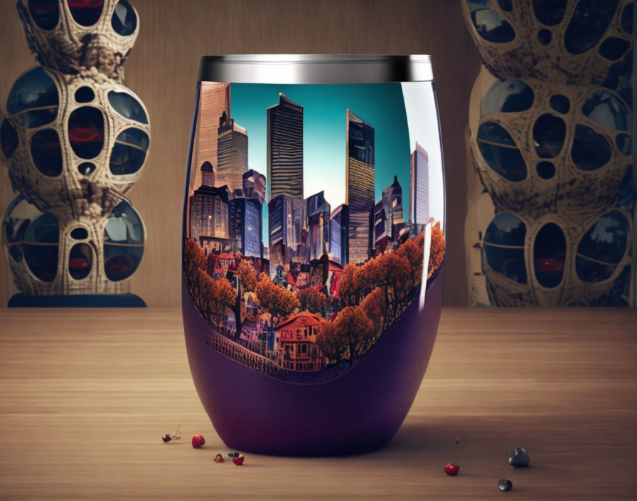 Cityscape with skyscrapers and autumn trees in round purple-bottomed glass vase on wooden surface with