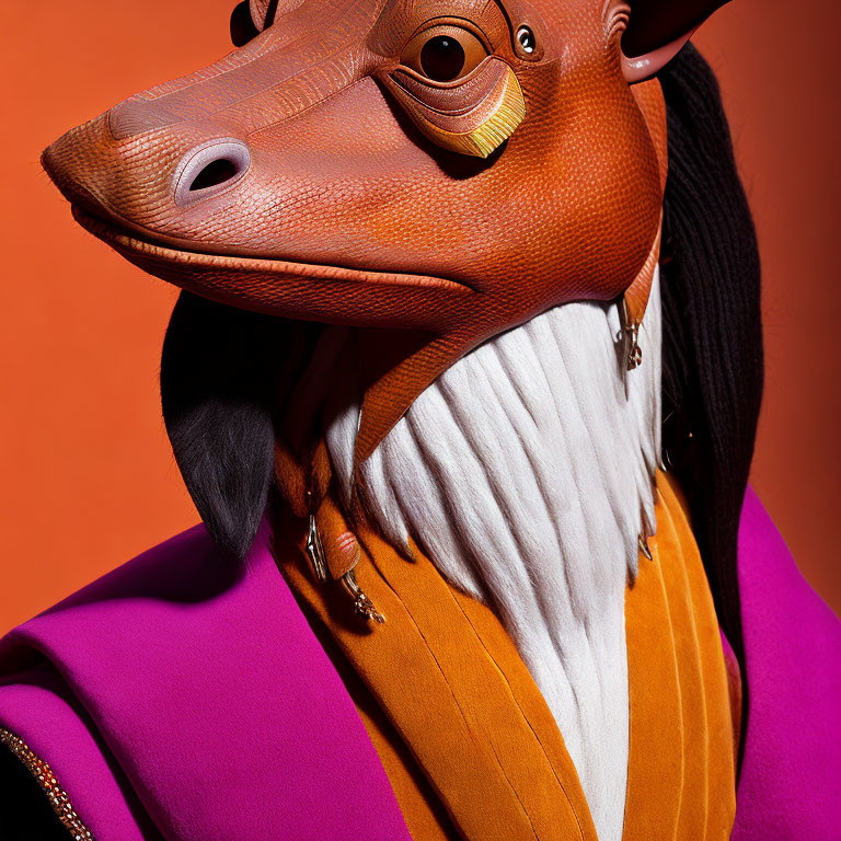 Colorful Jar Jar Binks-inspired costume with purple blazer and white beard accent