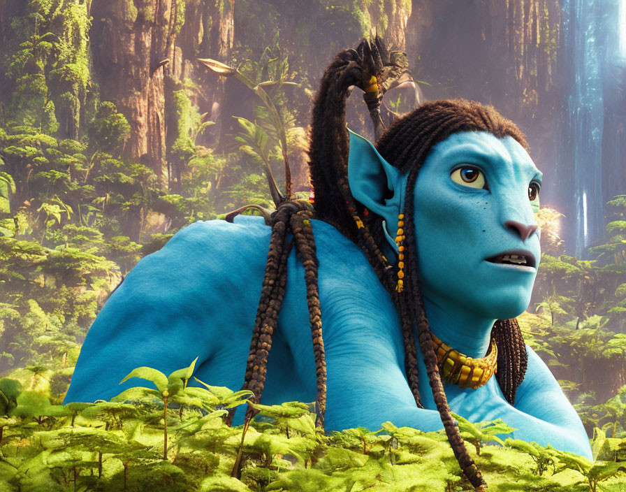 Blue-skinned Na'vi with yellow eyes in lush alien forest