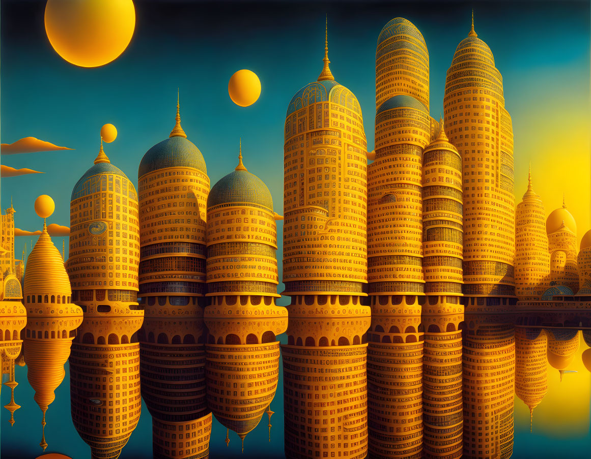 Cityscape with domed buildings, floating spheres, and golden sky reflected on glassy surface