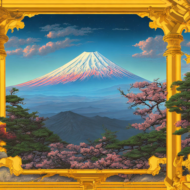 Golden frame featuring Mount Fuji at sunrise with cherry blossoms