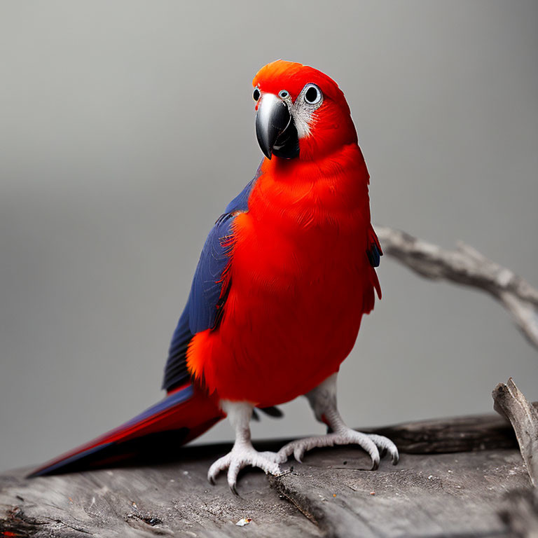 Colorful Red Parrot with Blue Wing Tips Perched on Branch