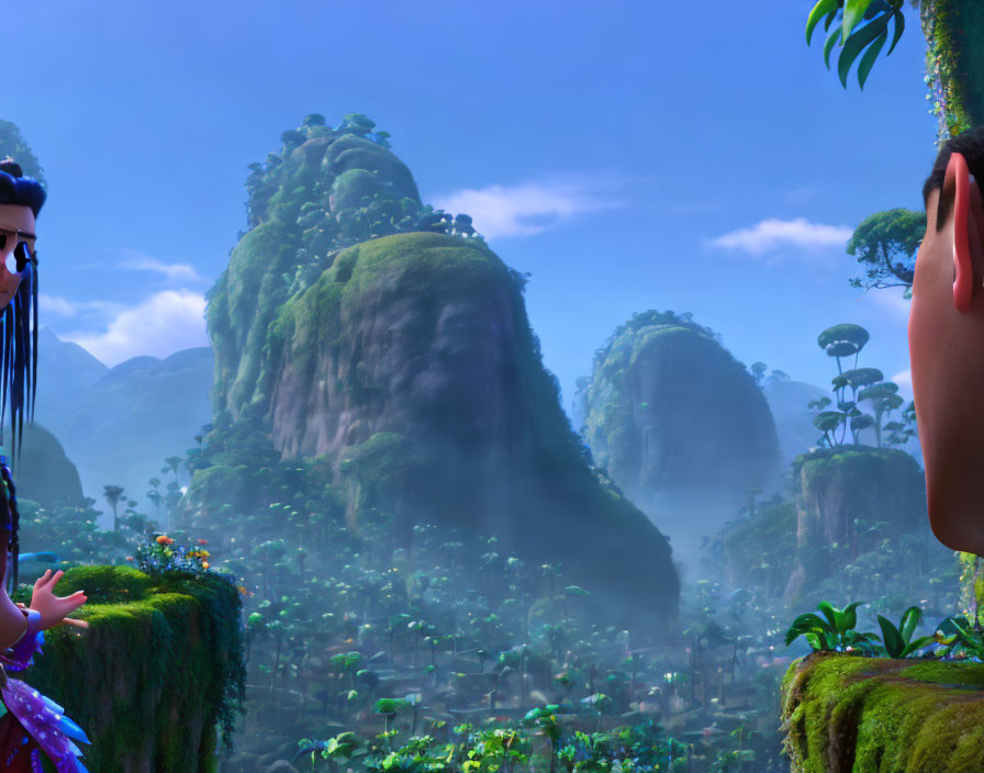 Animated characters on cliffs with jungle face mountain