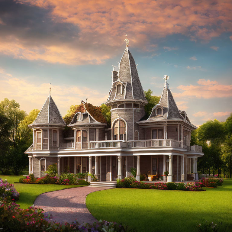 Victorian Mansion with Turrets and Wraparound Porch in Sunset Garden