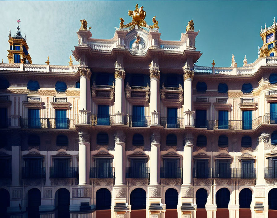 Baroque building facade with balconies, gold details, and central clock under clear skies