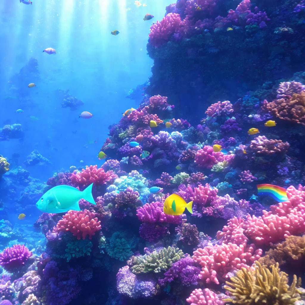 Colorful Coral Reefs and Tropical Fish in Sunlit Underwater Scene