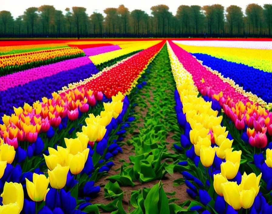 Colorful Tulip Field Blooming Under Blue Sky
