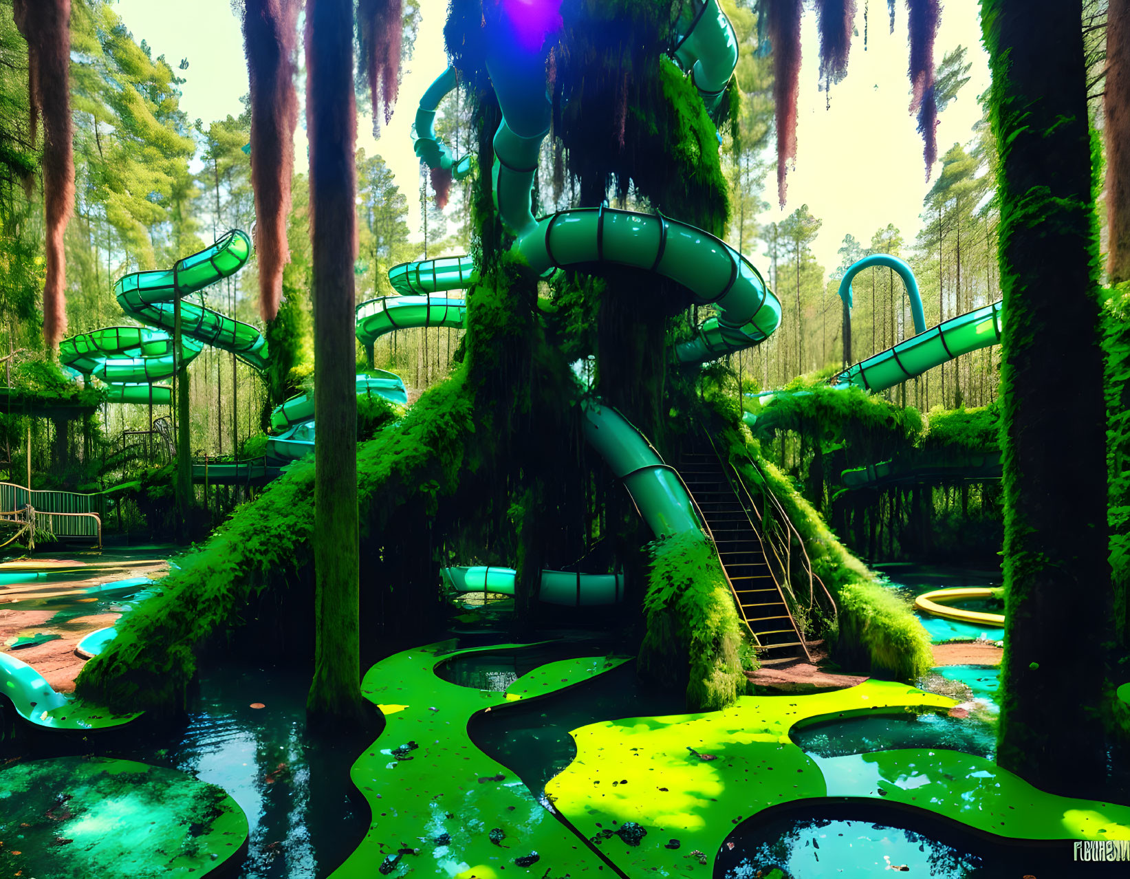 Overgrown, abandoned water park