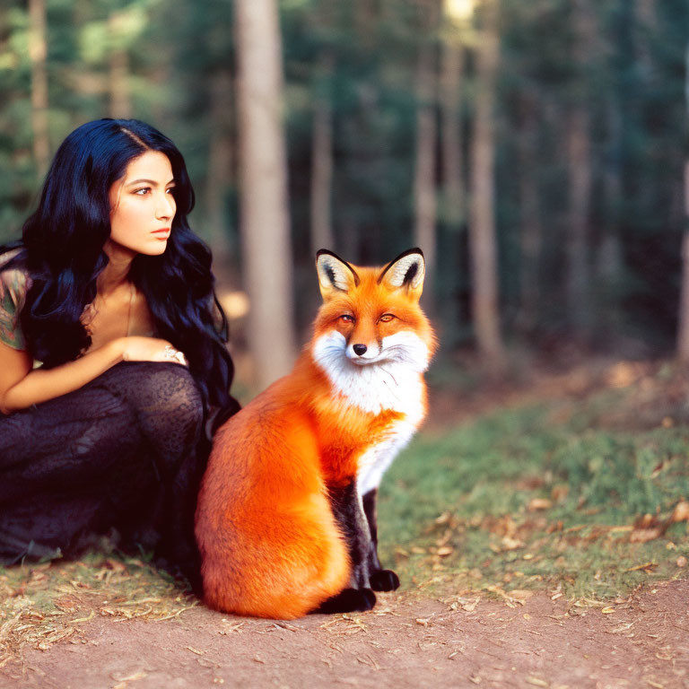 Woman with long dark hair and orange fox in forest scene