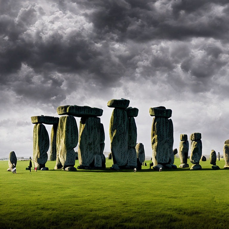 Ancient Stonehenge with Visitors on Green Field under Dramatic Sky