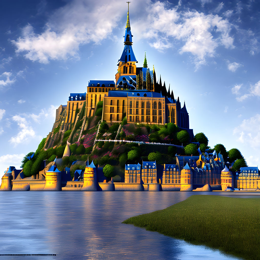Fantasy-inspired castle with soaring spires on green hill by water