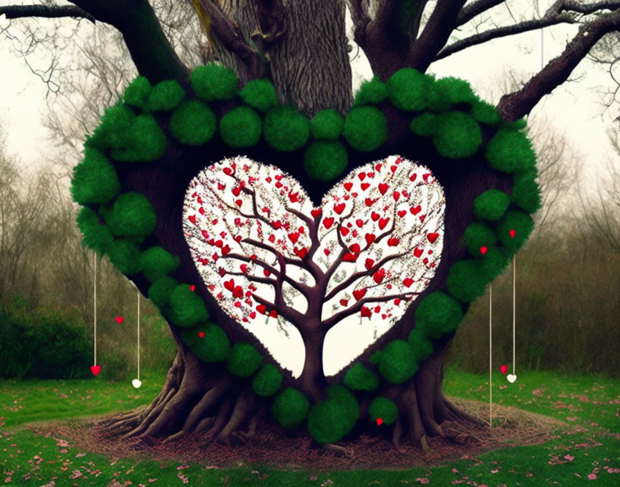 Heart-shaped tree opening with red leaves and swing sets