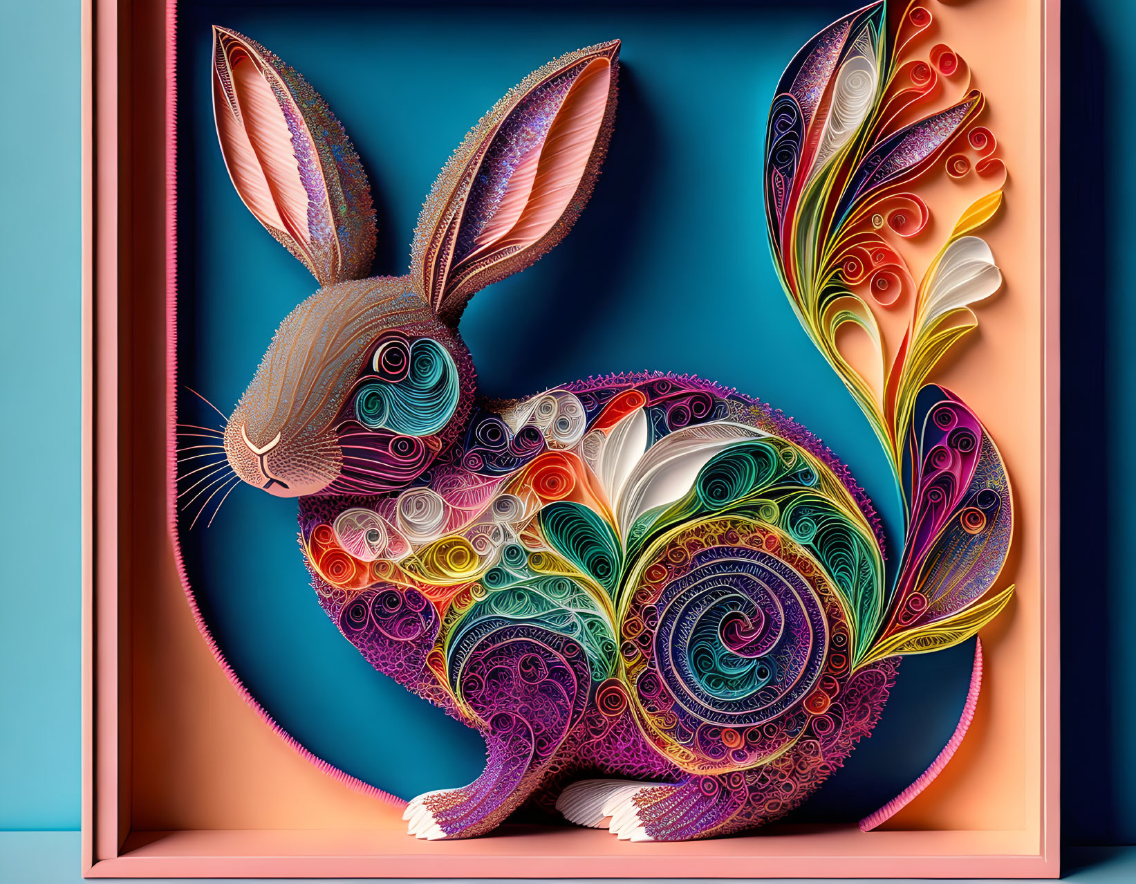 Colorful Quilled Paper Rabbit Art in Box Frame