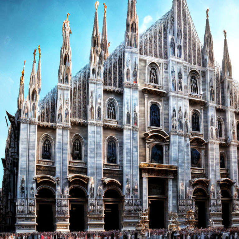 Ornate Gothic Cathedral Facade with Spires, Sculptures, Arched Windows, and Crowd