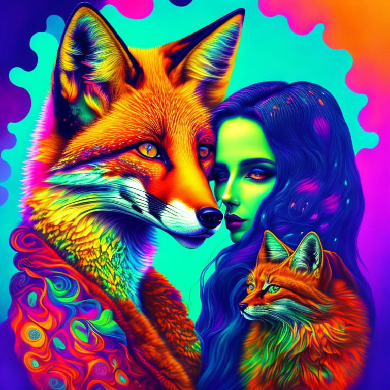 Colorful artwork of woman, fox, and kit in neon colors and intricate patterns.