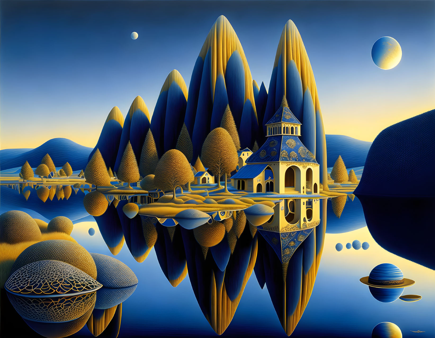 Surreal landscape with conical hills, reflective lake, mosaic house, and floating orbs