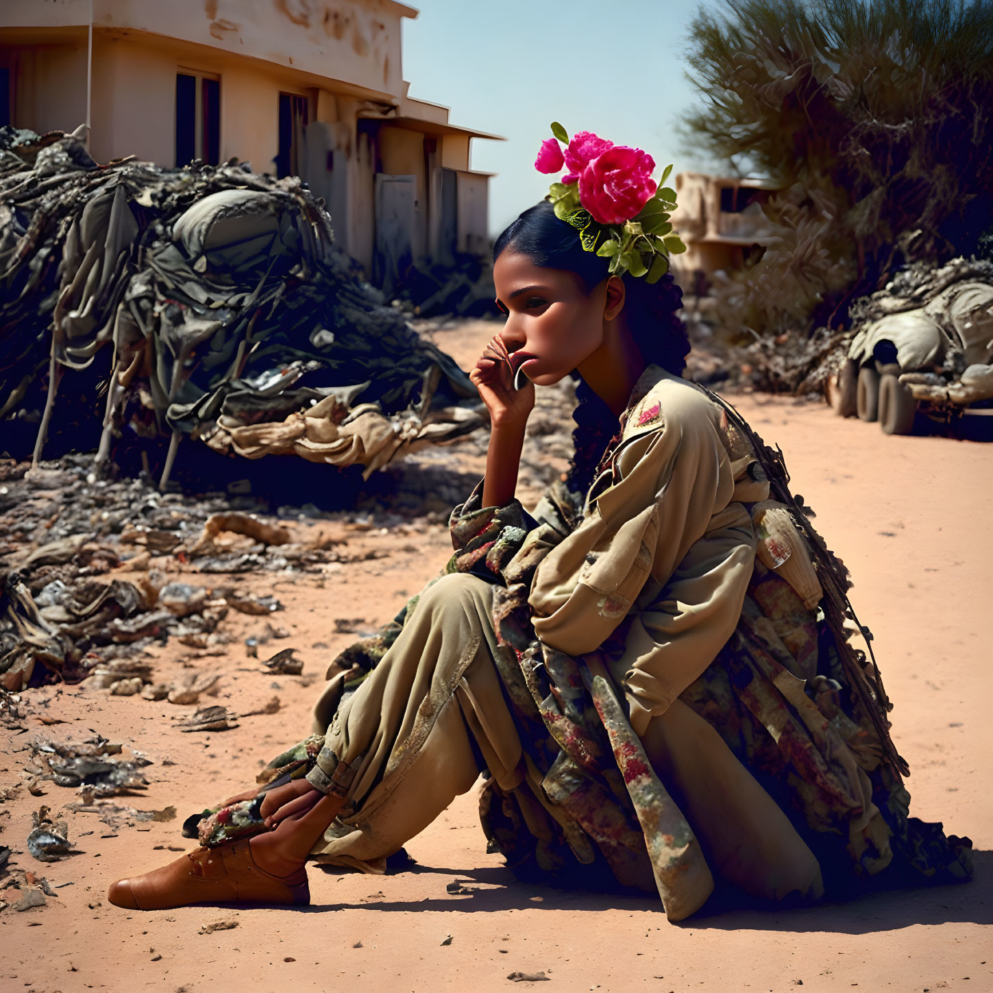 Person in military outfit with flower crown in desert ruins