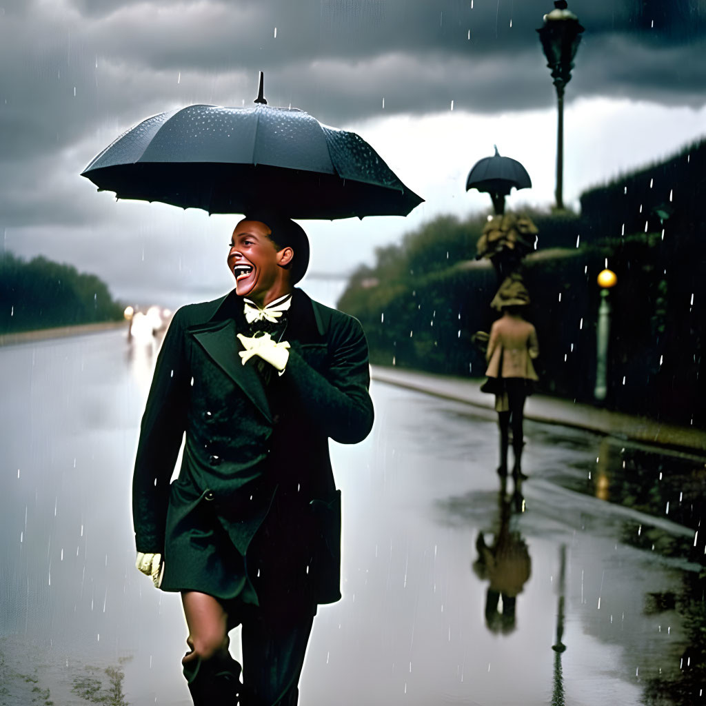 Two people in formal attire with umbrellas in the rain